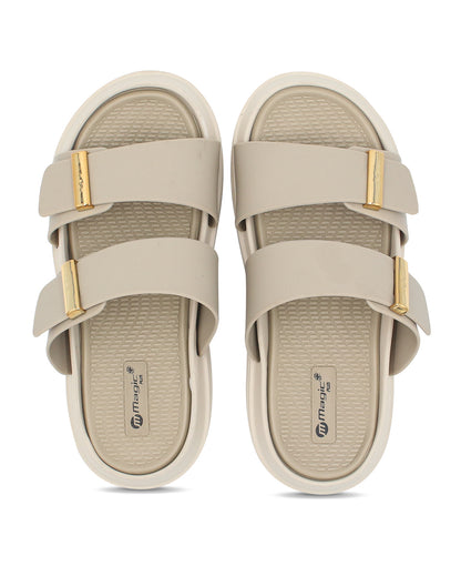 DOCTOR SOLE women's black double strap comfort slides with metallic accents and cushioned lightweight sole.