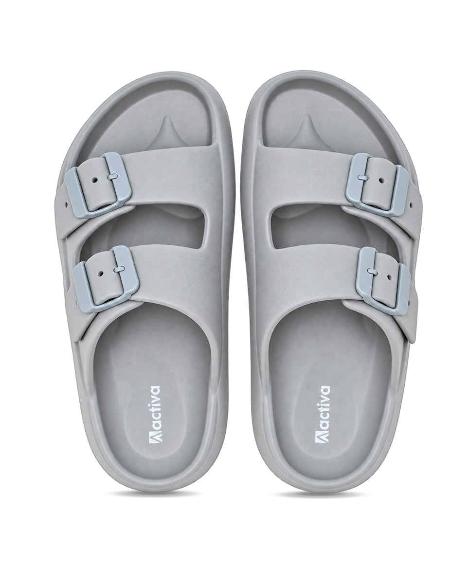 Men’s double buckle slides with adjustable straps and textured detailing