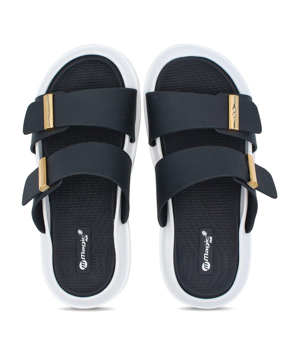 DOCTOR SOLE women's black double strap comfort slides with metallic accents and cushioned lightweight sole.