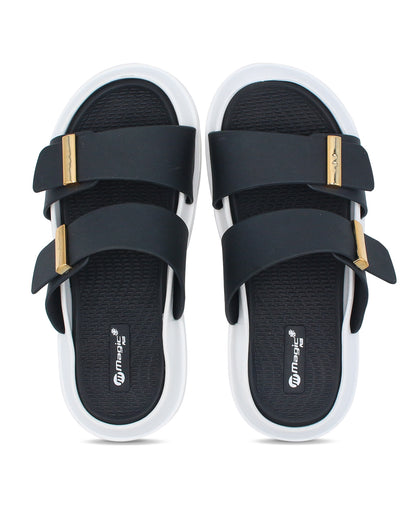DOCTOR SOLE women's black double strap comfort slides with metallic accents and cushioned lightweight sole.