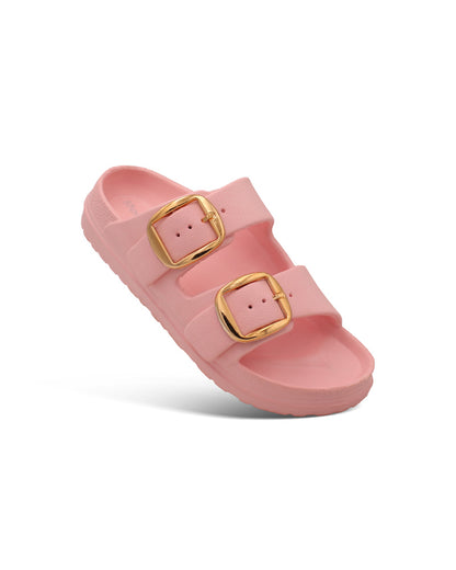 Women's Dual Buckle EVA Slides in Lightweight and Open-Toe Design