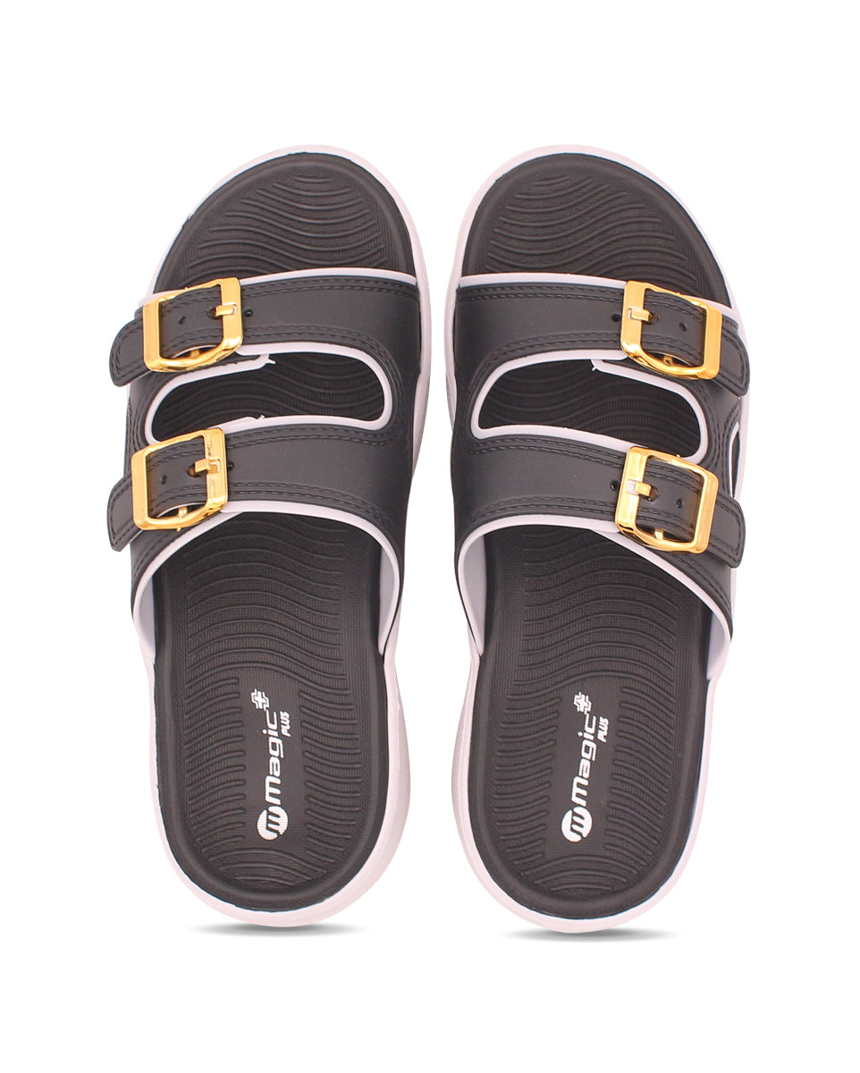 Black sandals with gold buckles on a white background