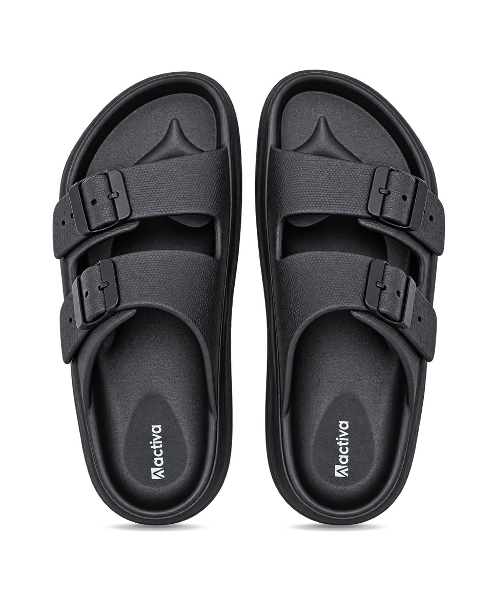 Men’s double buckle slides with adjustable straps and textured detailing