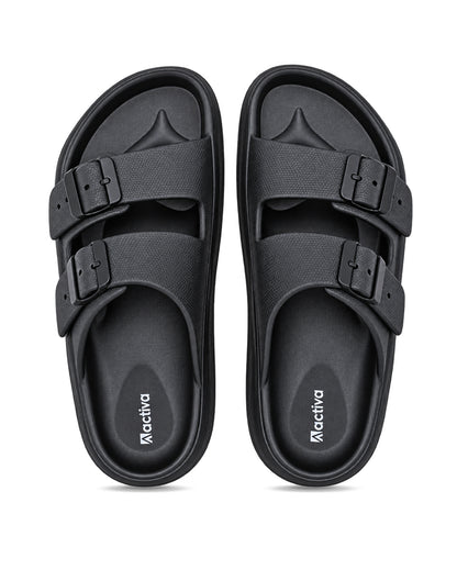 Men’s double buckle slides with adjustable straps and textured detailing