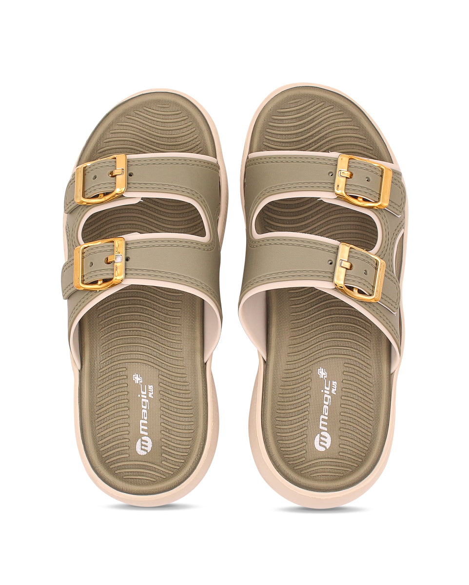 Pair of green sandals with gold buckles on a white background