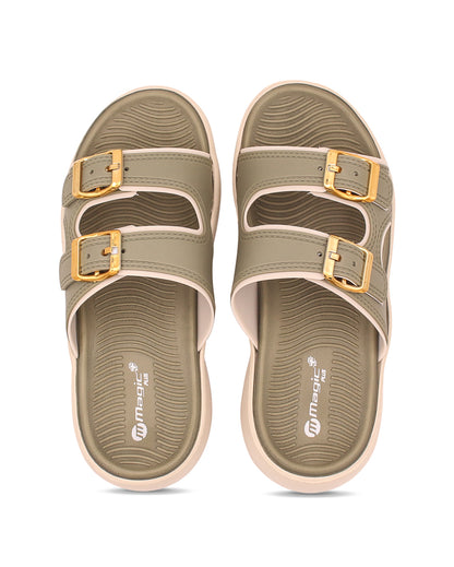 Pair of green sandals with gold buckles on a white background