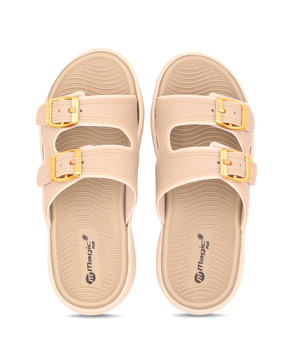 Beige sandals with gold buckles on a white background