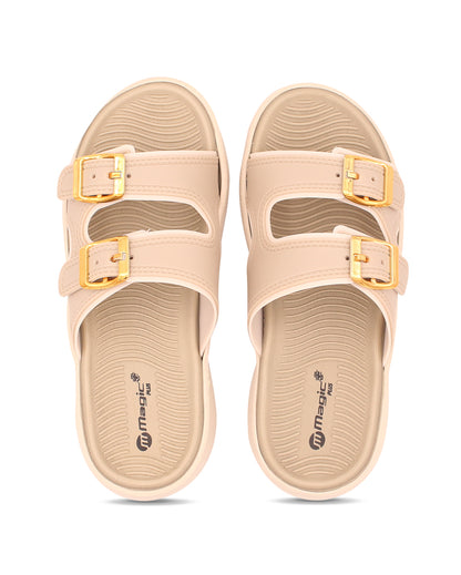 Beige sandals with gold buckles on a white background