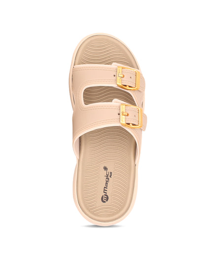 Beige sandal with gold buckles on a white background