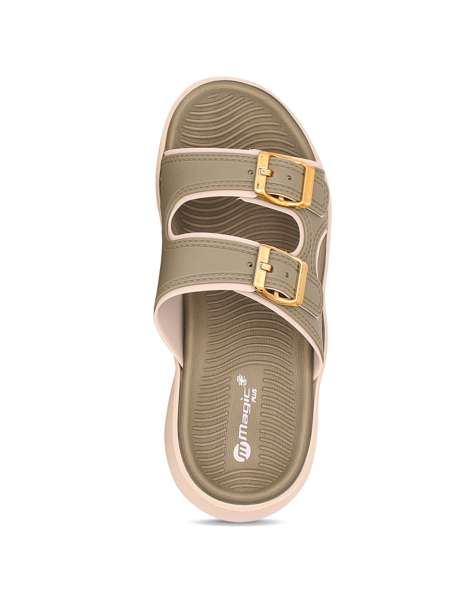 Green sandal with gold buckle on a white background