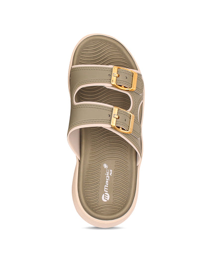 Green sandal with gold buckle on a white background