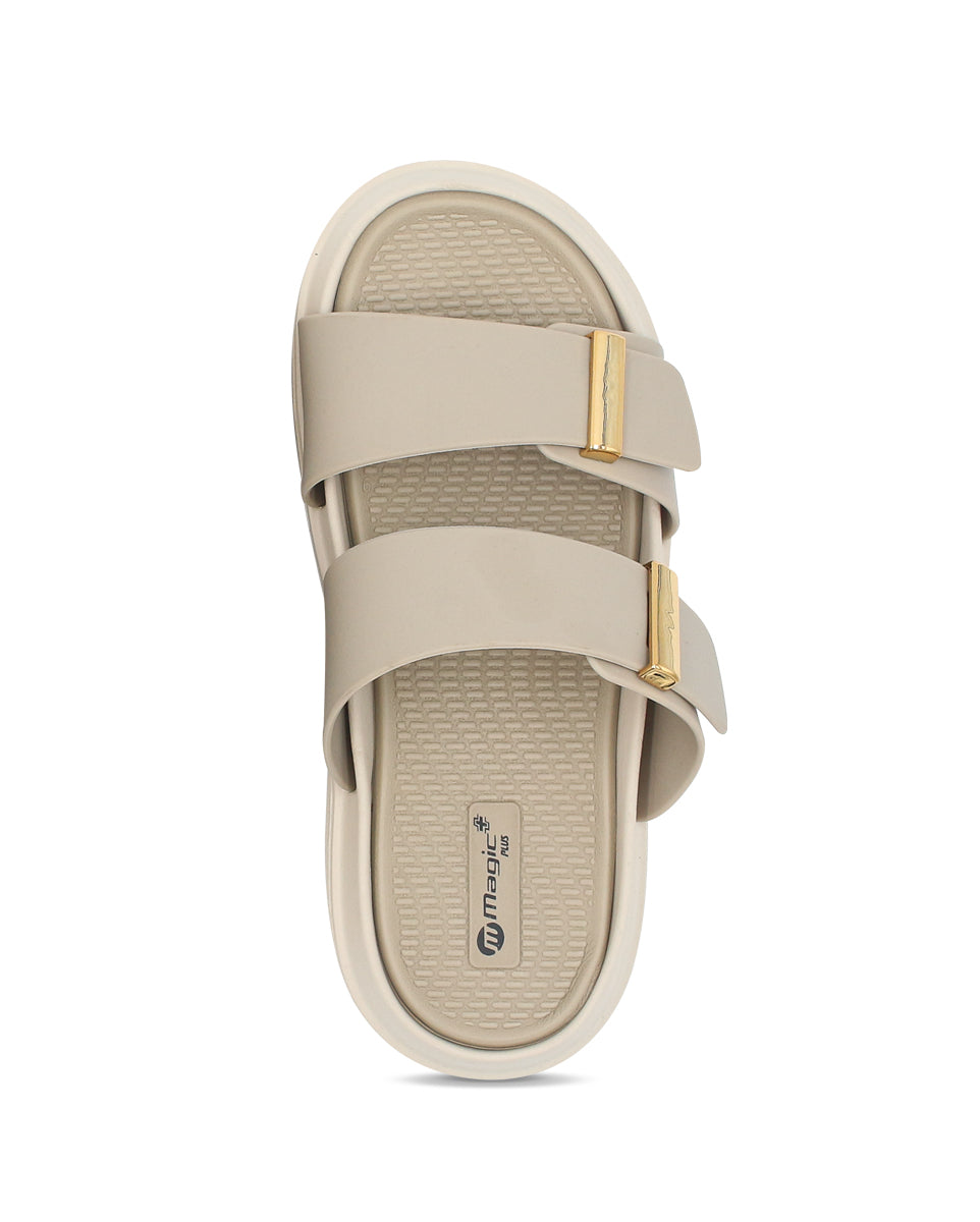 DOCTOR SOLE women's black double strap comfort slides with metallic accents and cushioned lightweight sole.