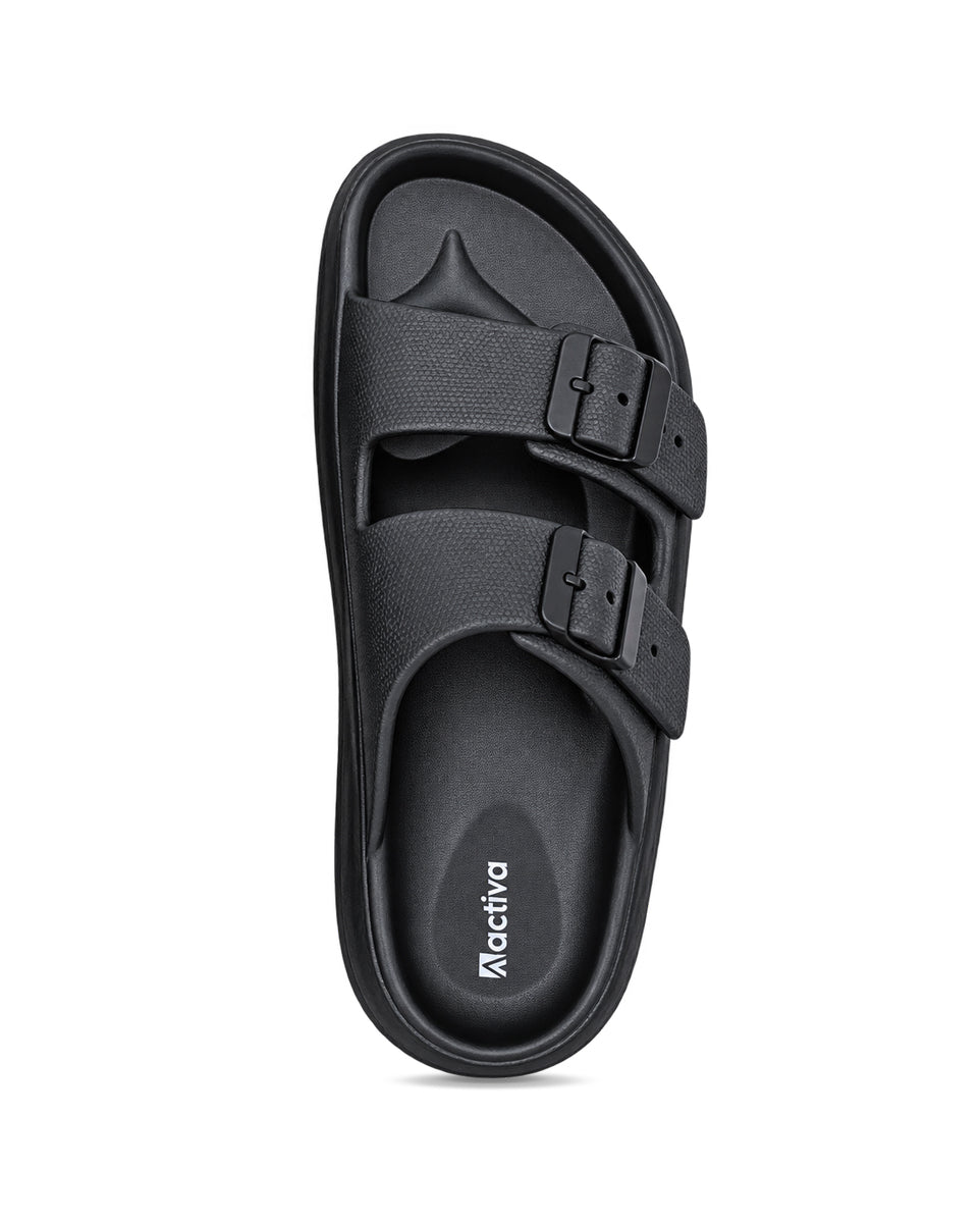 Men’s double buckle slides with adjustable straps and textured detailing