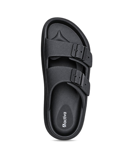 Men’s double buckle slides with adjustable straps and textured detailing
