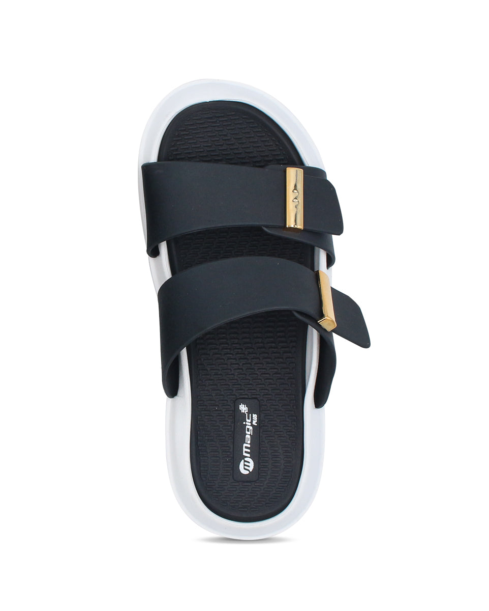 DOCTOR SOLE women's black double strap comfort slides with metallic accents and cushioned lightweight sole.