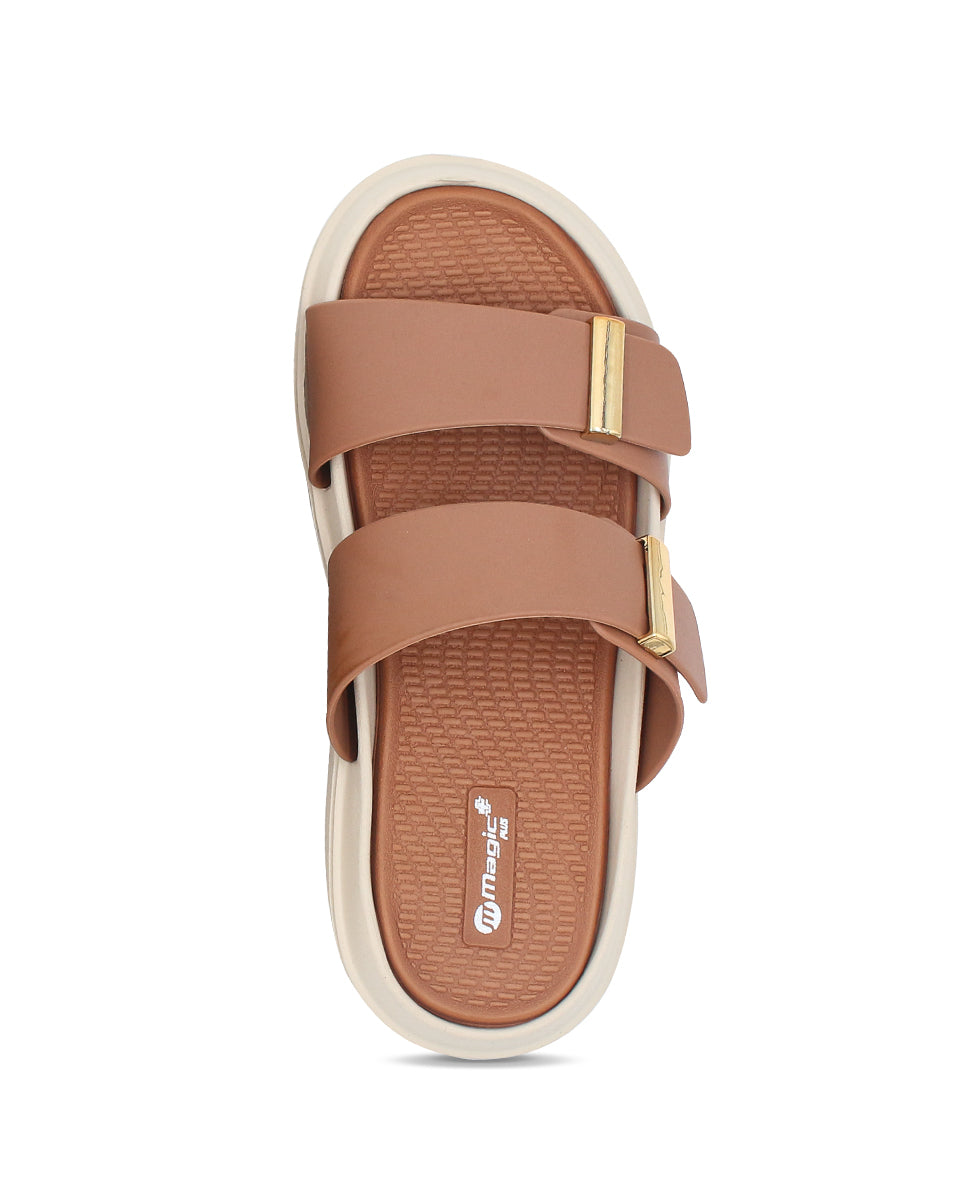 DOCTOR SOLE women's black double strap comfort slides with metallic accents and cushioned lightweight sole.