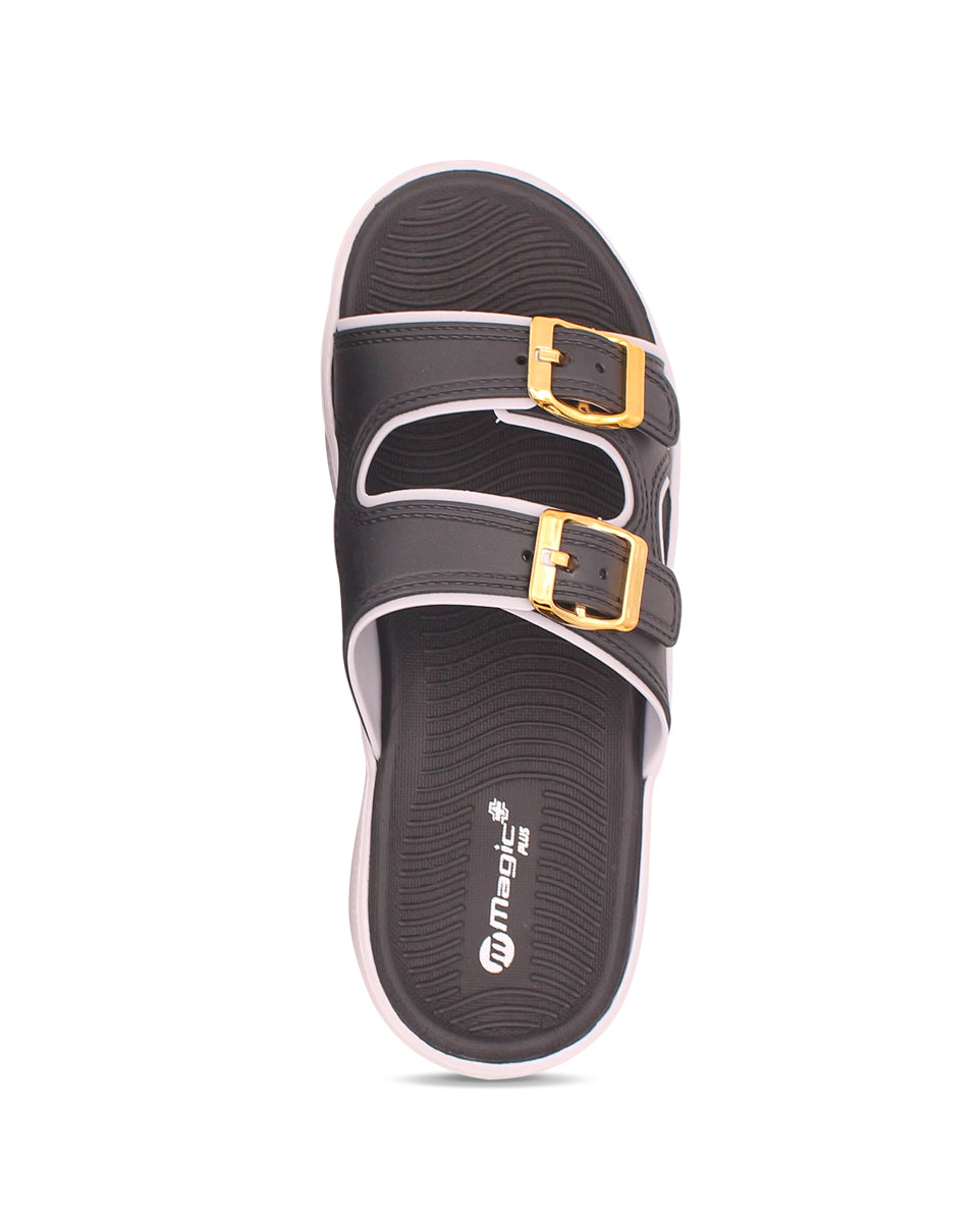 Black sandal with gold buckles on a white background