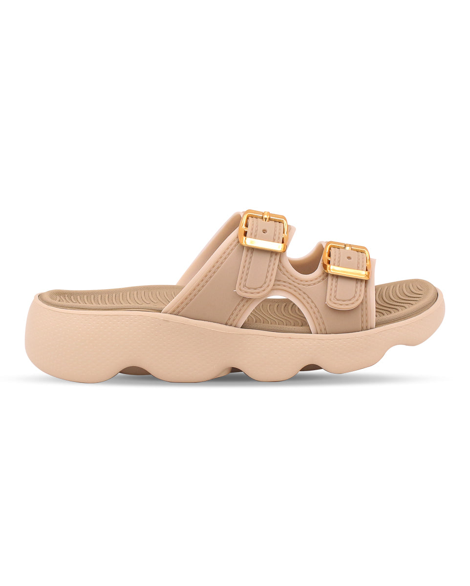 Beige sandal with gold buckles on a white background