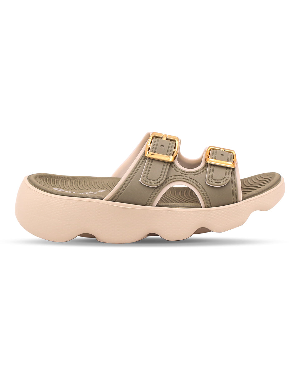 Beige and brown sandal with gold buckles on a white background