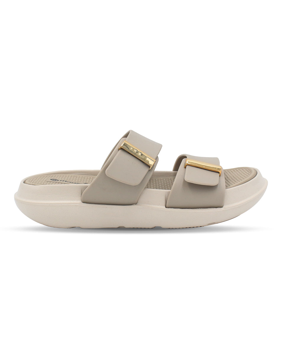 DOCTOR SOLE women's black double strap comfort slides with metallic accents and cushioned lightweight sole.