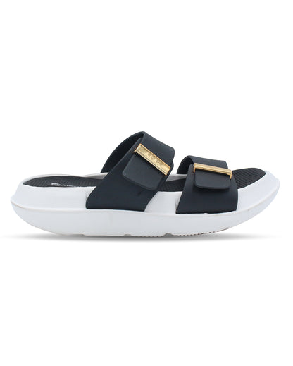 DOCTOR SOLE women's black double strap comfort slides with metallic accents and cushioned lightweight sole.