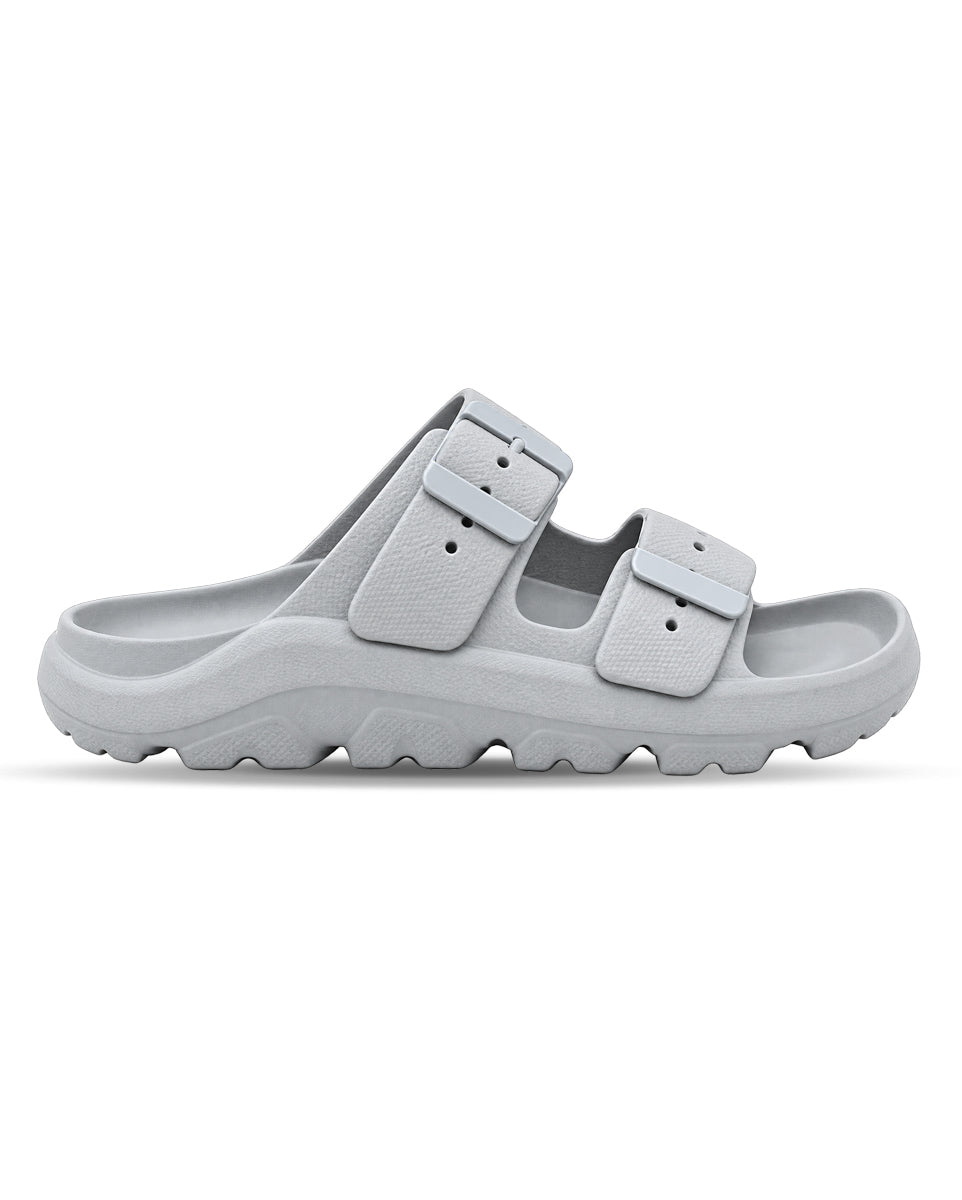 Men’s double buckle slides with adjustable straps and textured detailing