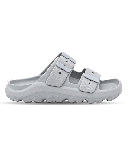 Men’s double buckle slides with adjustable straps and textured detailing