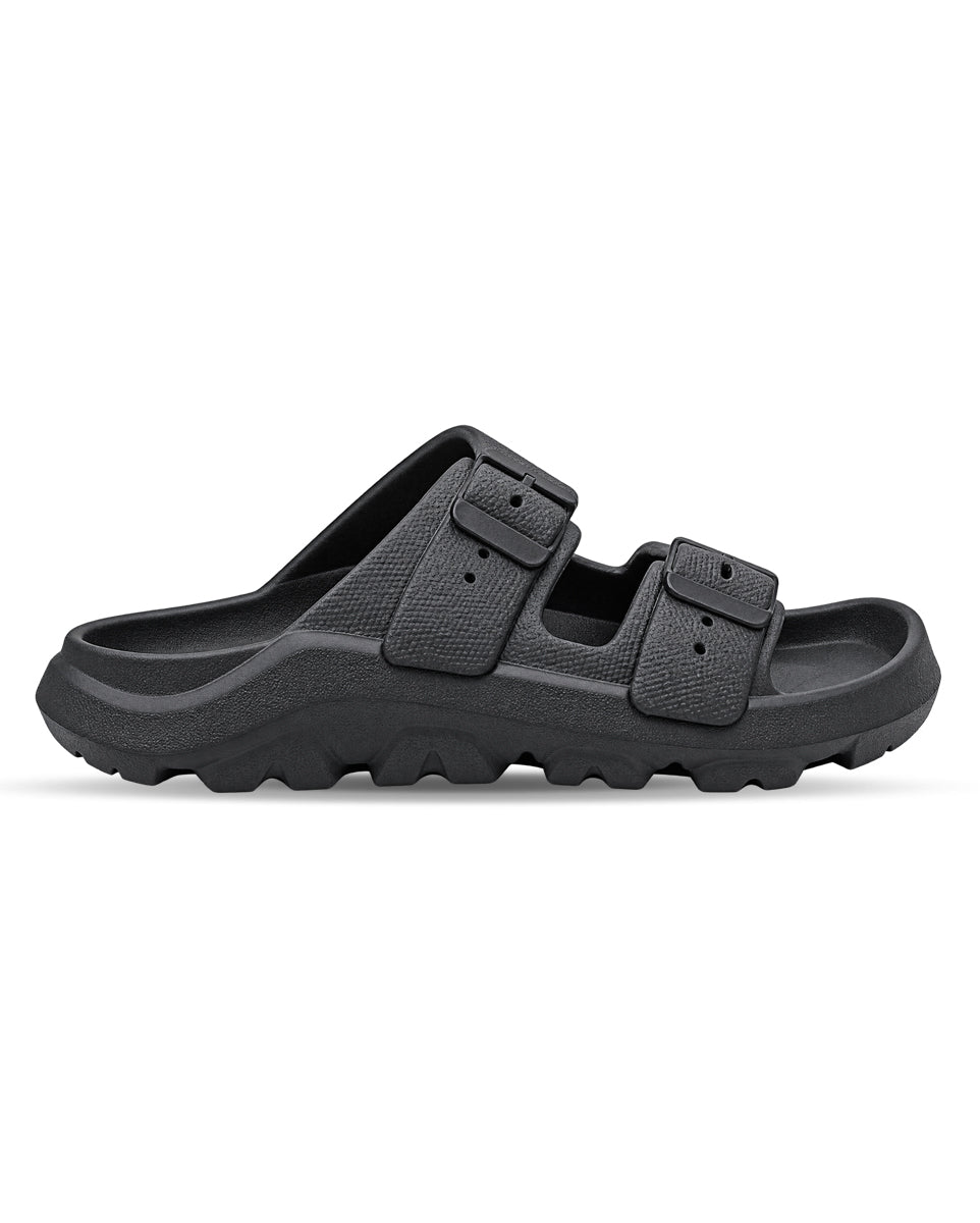 Men’s double buckle slides with adjustable straps and textured detailing