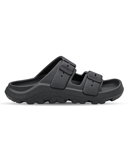 Men’s double buckle slides with adjustable straps and textured detailing