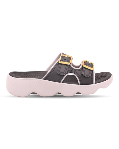 Black sandal with gold buckles on a white background