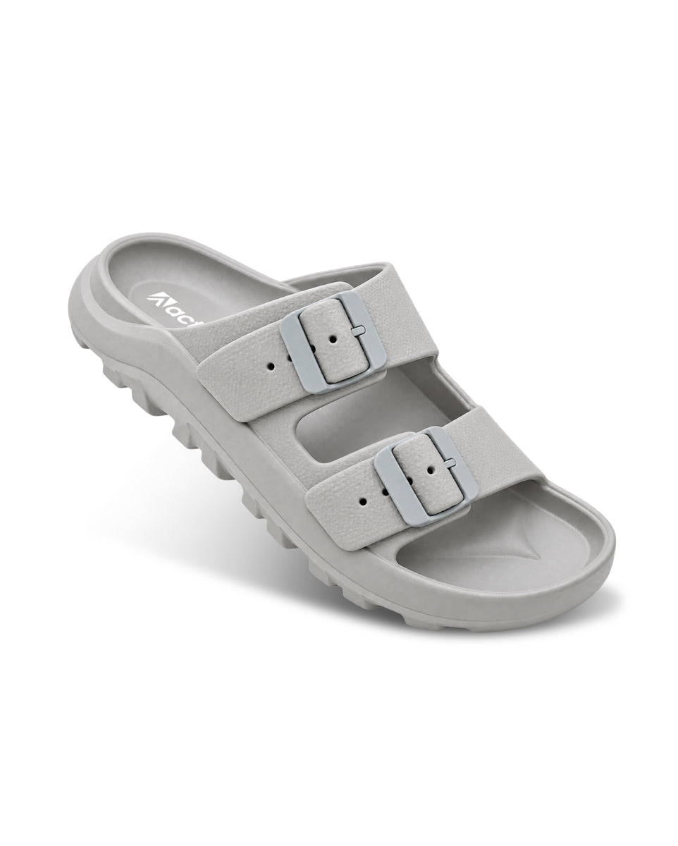 Men’s double buckle slides with adjustable straps and textured detailing