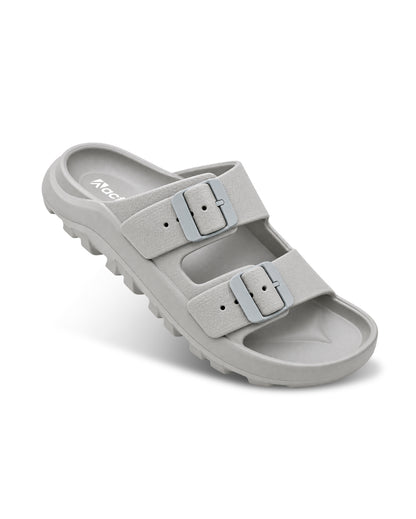 Men’s double buckle slides with adjustable straps and textured detailing