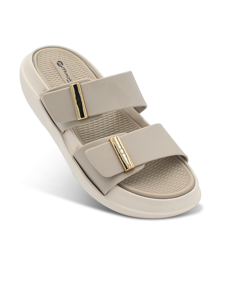 DOCTOR SOLE women's black double strap comfort slides with metallic accents and cushioned lightweight sole.