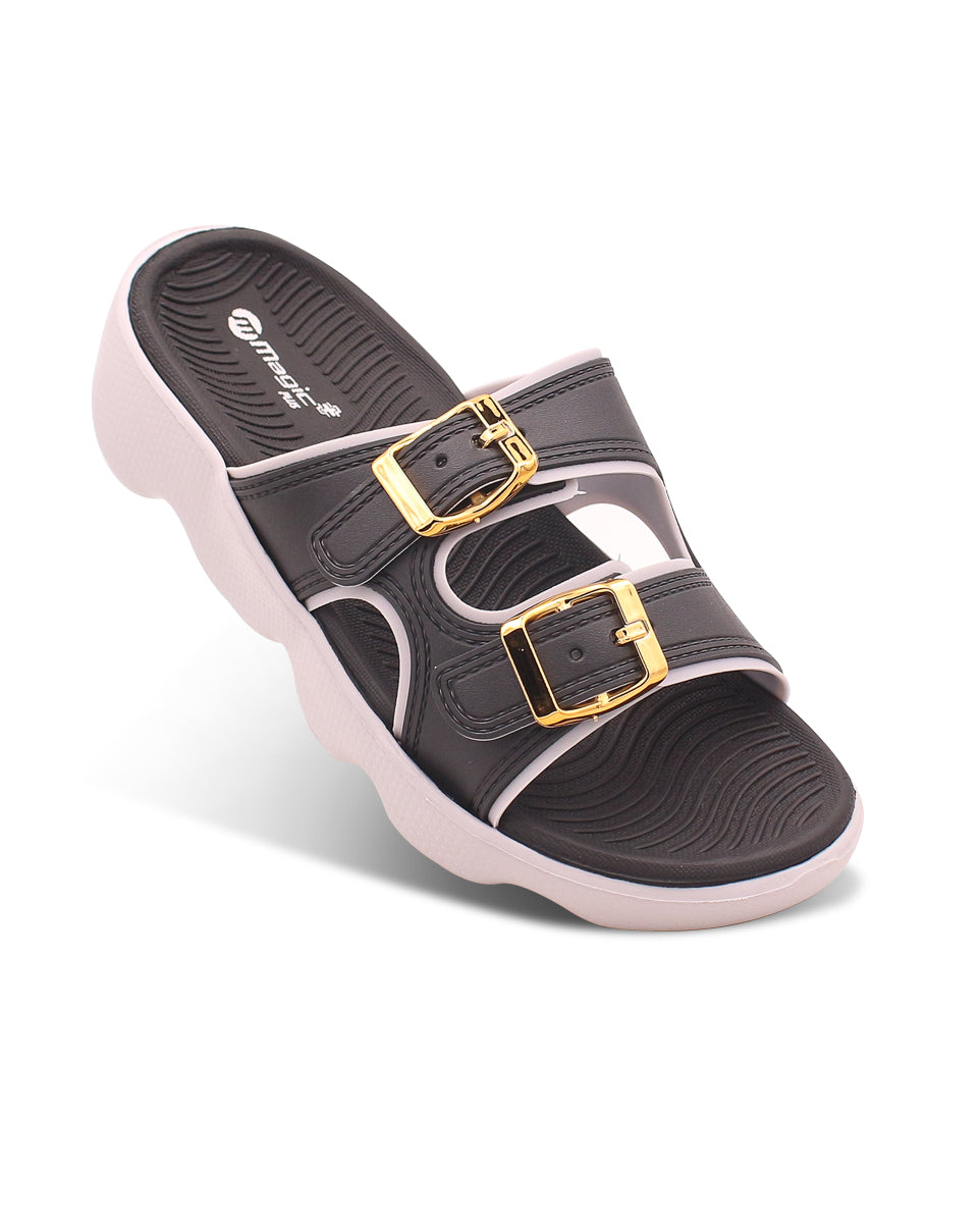 Black sandal with gold buckles on a white background