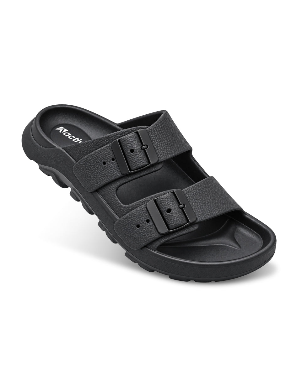 Men’s double buckle slides with adjustable straps and textured detailing