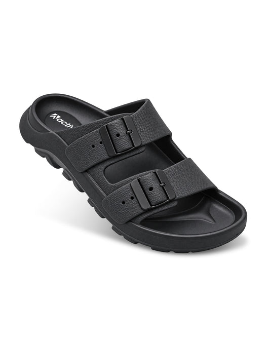 Men’s double buckle slides with adjustable straps and textured detailing