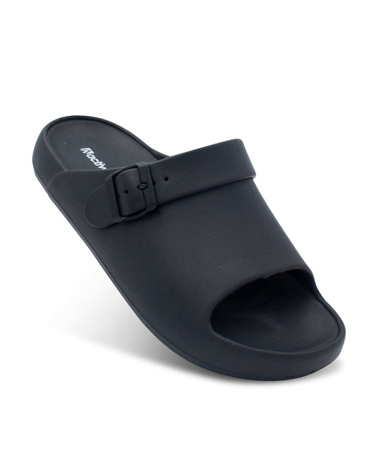 A single black slide sandal with a wide adjustable strap and a small buckle, shown on a clean white background.