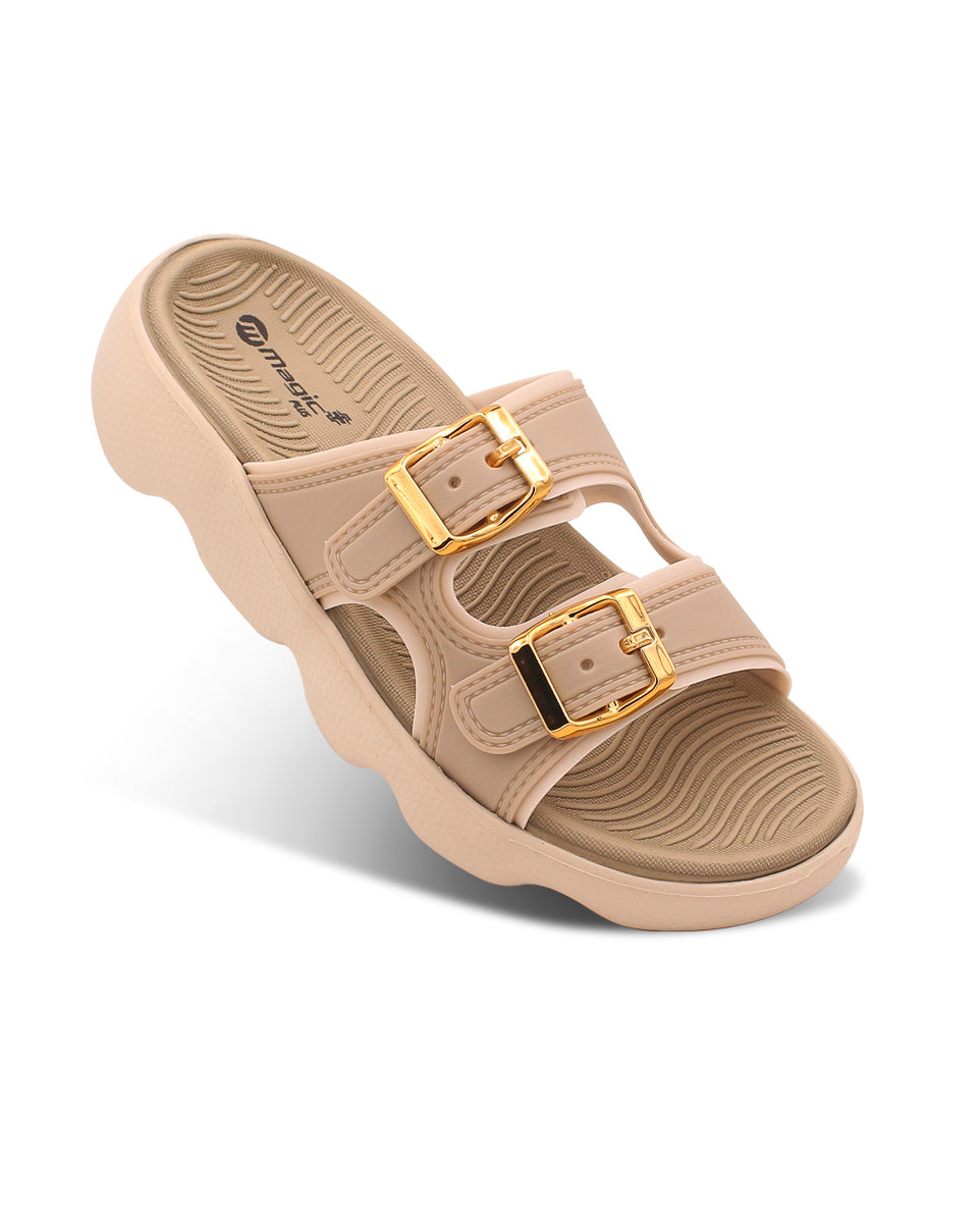 Beige sandal with gold buckles on a white background