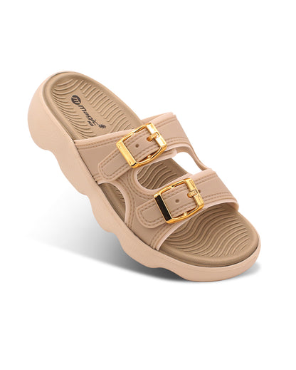 Beige sandal with gold buckles on a white background