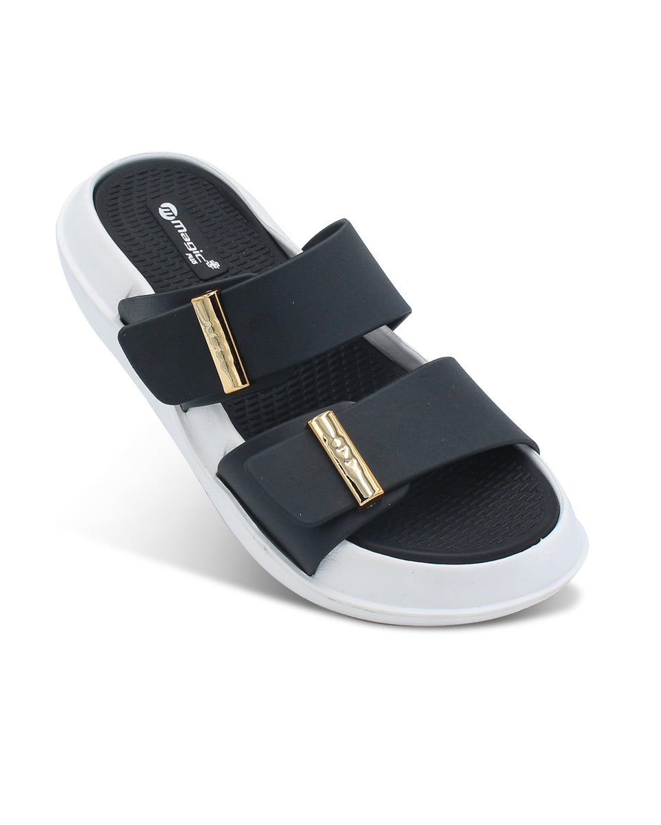 DOCTOR SOLE women's black double strap comfort slides with metallic accents and cushioned lightweight sole.