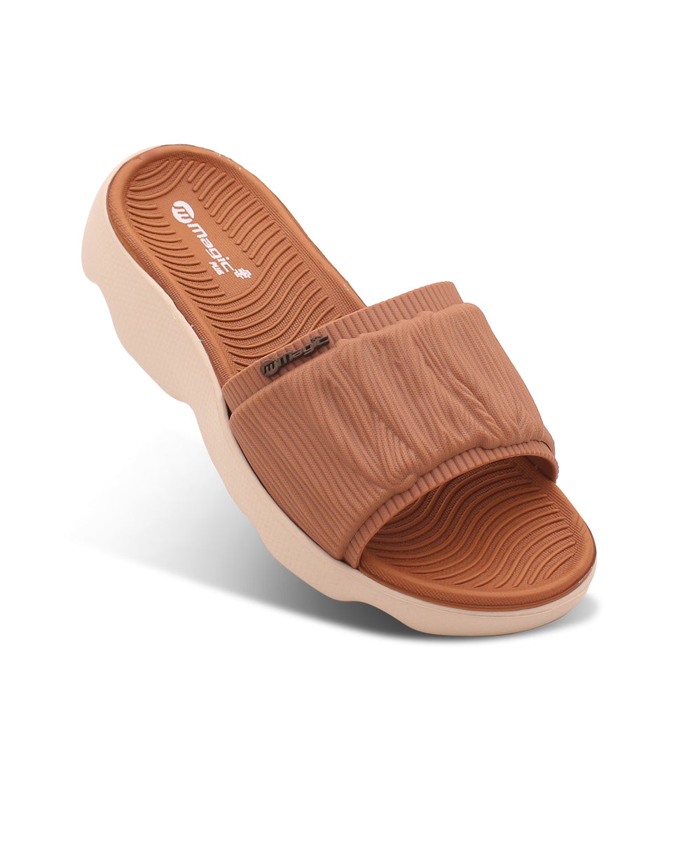 Brown slide sandal with brand logo on a white background