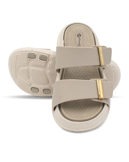 DOCTOR SOLE women's black double strap comfort slides with metallic accents and cushioned lightweight sole.