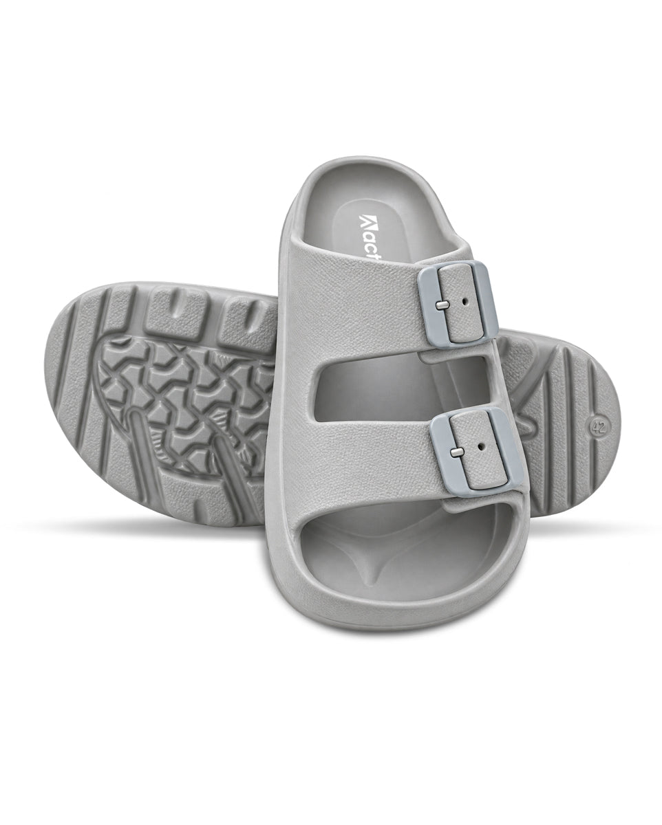 Men’s double buckle slides with adjustable straps and textured detailing