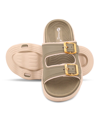Pair of beige sandals with gold buckles on a white background