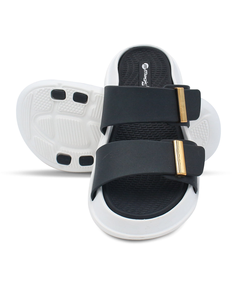 DOCTOR SOLE women's black double strap comfort slides with metallic accents and cushioned lightweight sole.