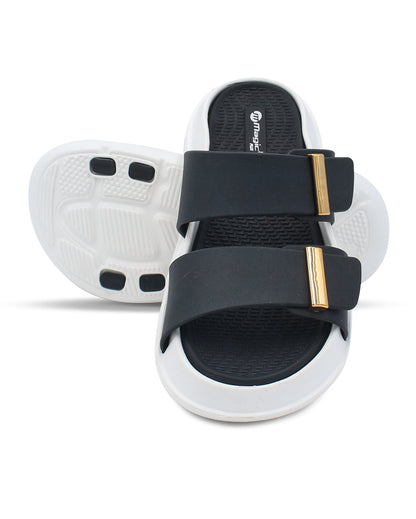 DOCTOR SOLE women's black double strap comfort slides with metallic accents and cushioned lightweight sole.