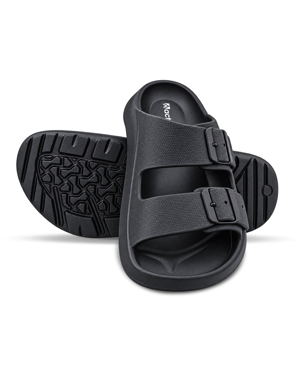 Men’s double buckle slides with adjustable straps and textured detailing