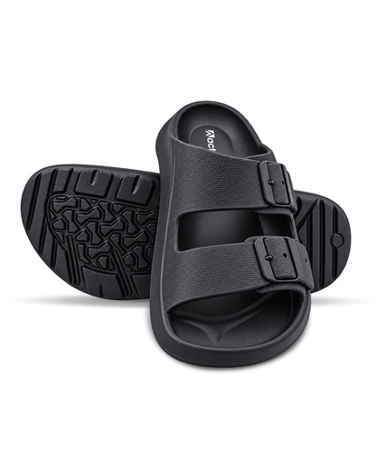 Men’s double buckle slides with adjustable straps and textured detailing