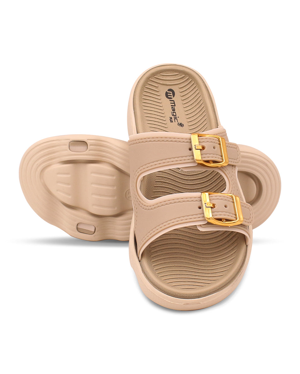 Beige sandals with gold buckles on a white background