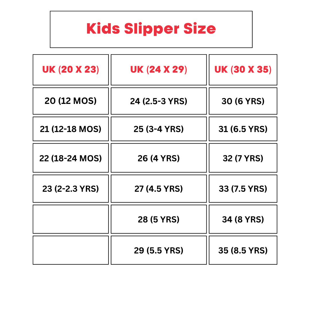 Table showing kids slipper sizes in UK measurements